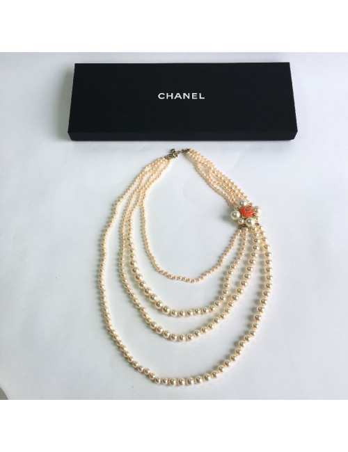 CHANEL necklace with 4 row of pearls and orange molten glass
