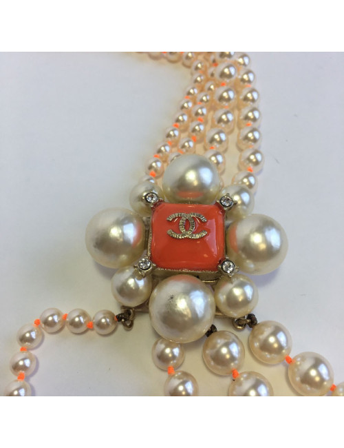 CHANEL necklace with 4 row of pearls and orange molten glass