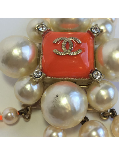 CHANEL necklace with 4 row of pearls and orange molten glass