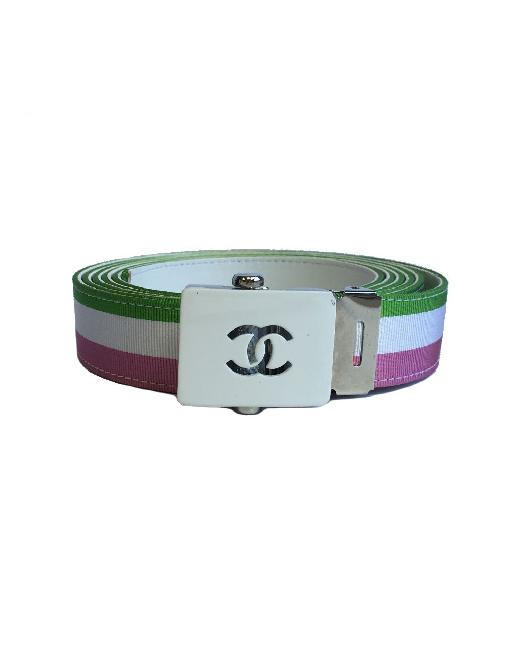 Ceinture CHANEL piqué tricolore sur cuir blanc