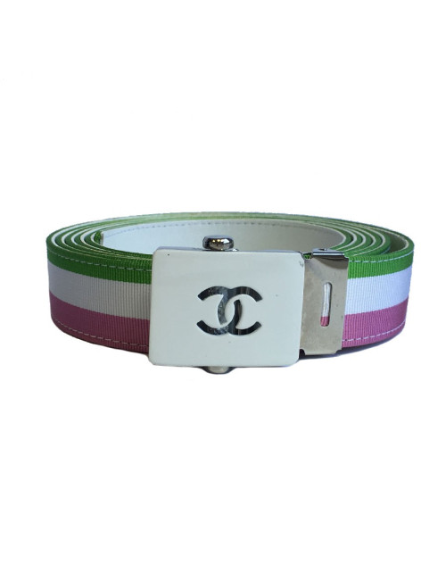 Ceinture CHANEL piqué tricolore sur cuir blanc