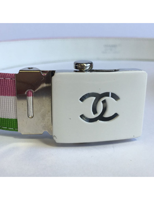 Ceinture CHANEL piqué tricolore sur cuir blanc