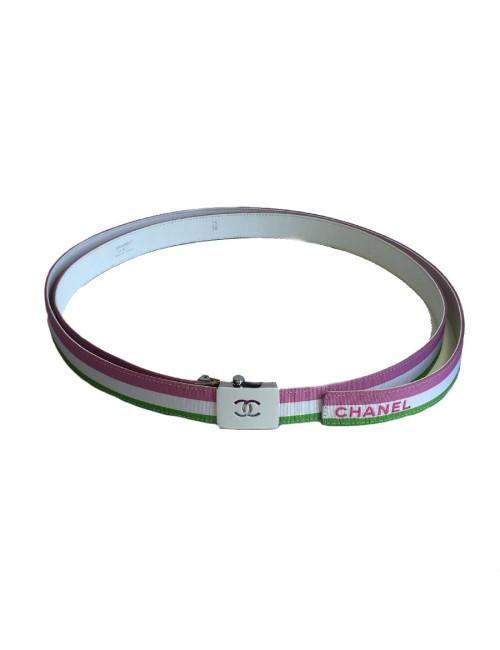 Ceinture CHANEL piqué tricolore sur cuir blanc