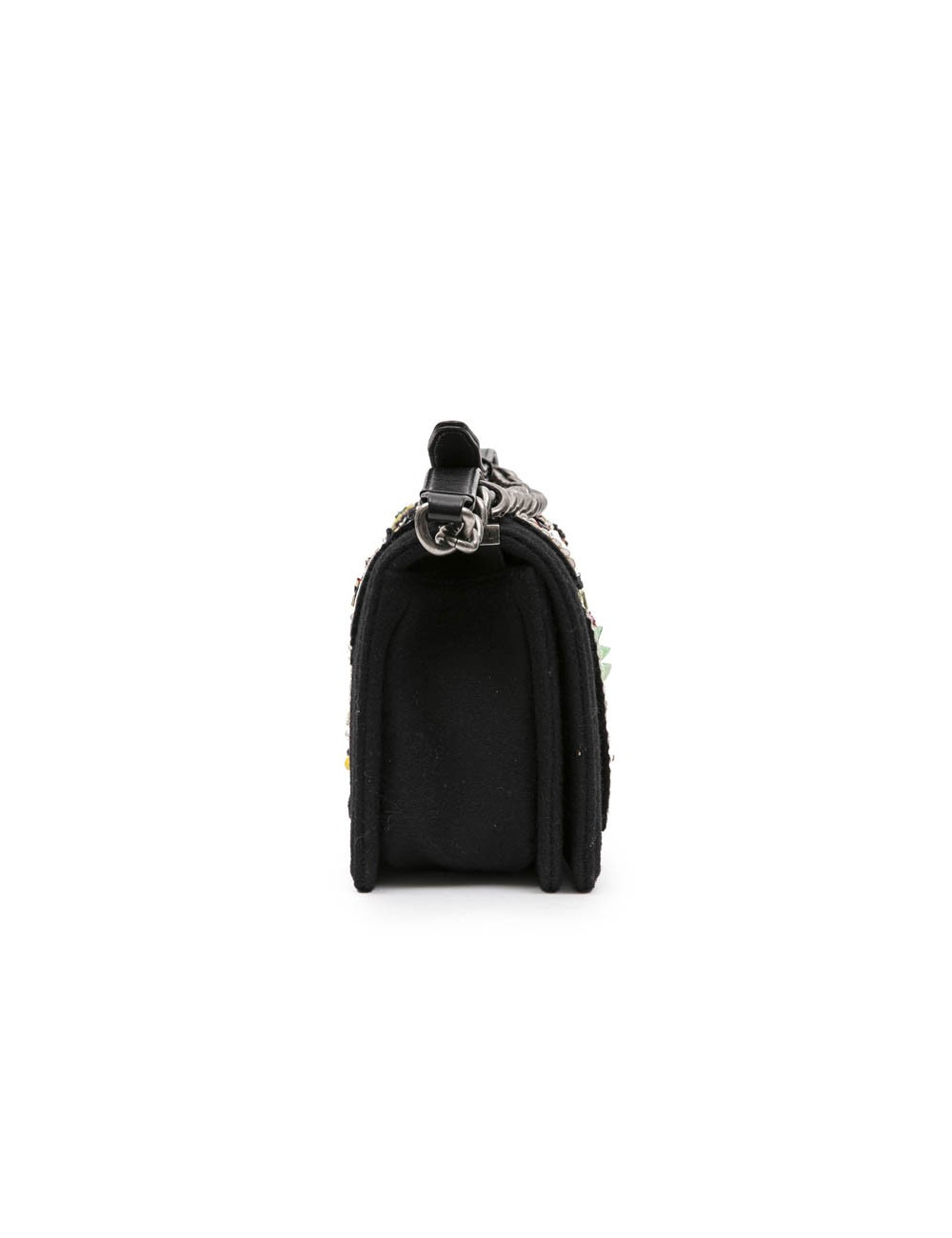 CHANEL Boy bag in black boiled wool with embroidered patches