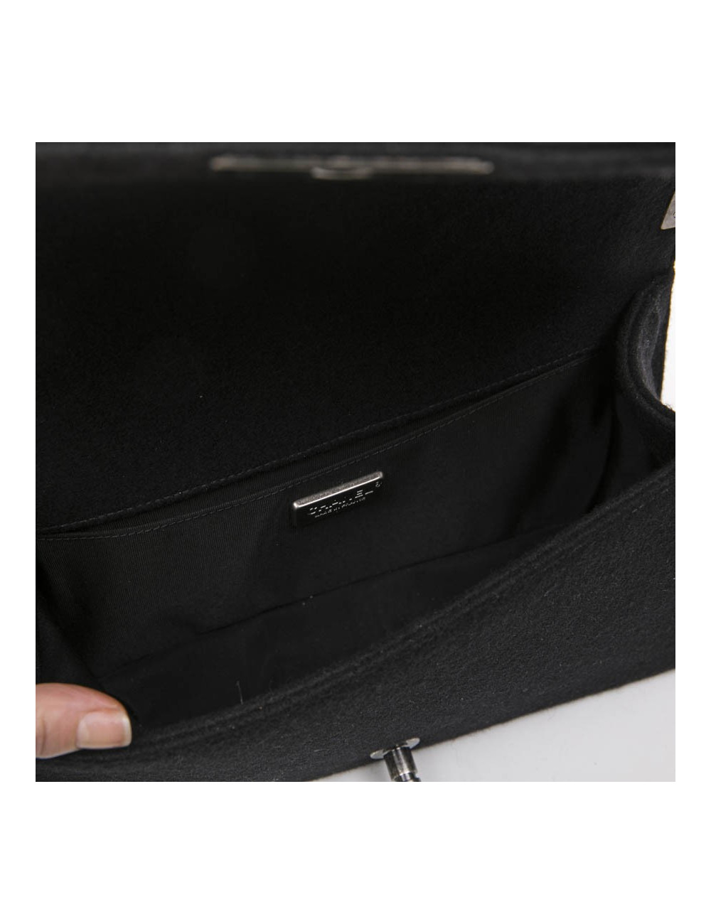 CHANEL Boy bag in black boiled wool with embroidered patches