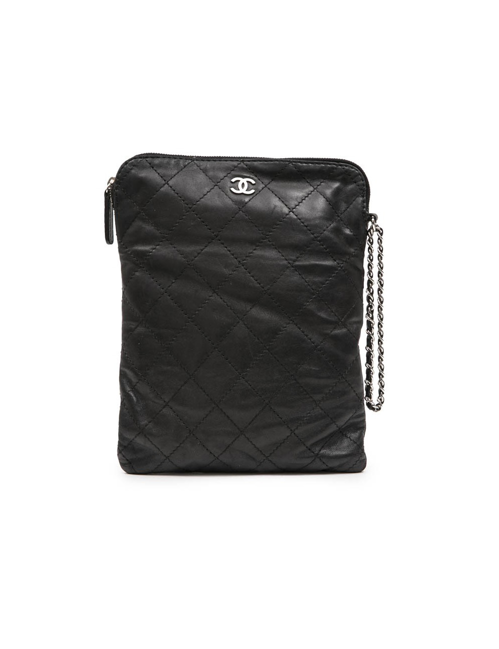 Etui pour Ipad CHANEL en cuir d'agneau lisse matelassé noir