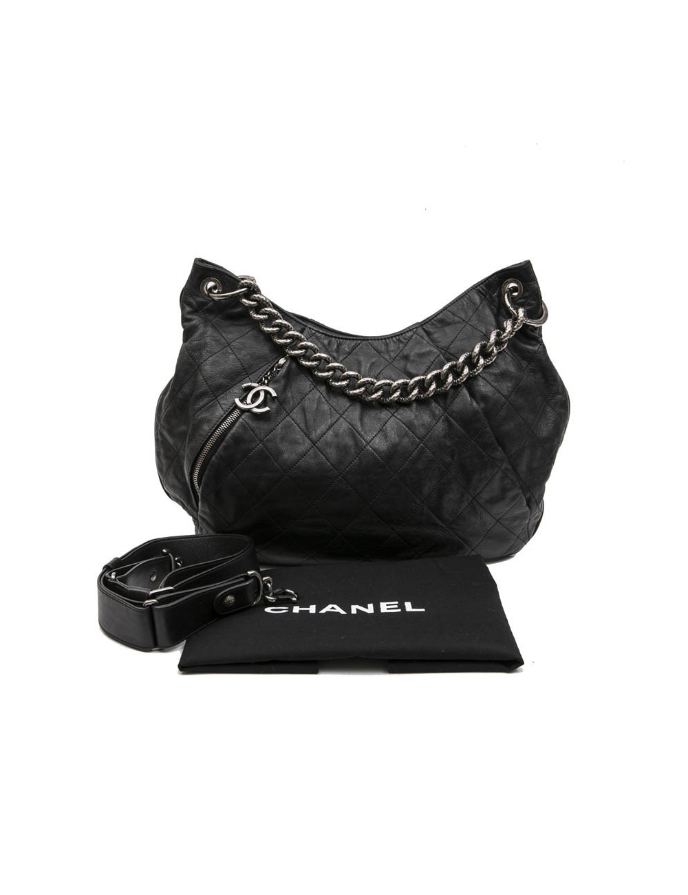 Sac besace CHANEL cuir matelassé gris foncé 