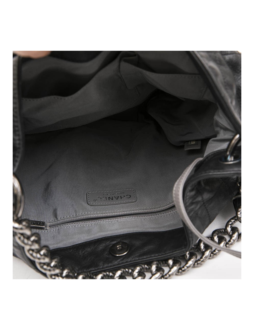 CHANEL messenger bag in aged soft gray quilted lambskin leather