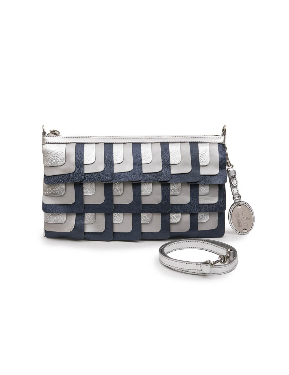 Pochette HOGAN by KARL LAGERFELD en cuir argent et bleu 