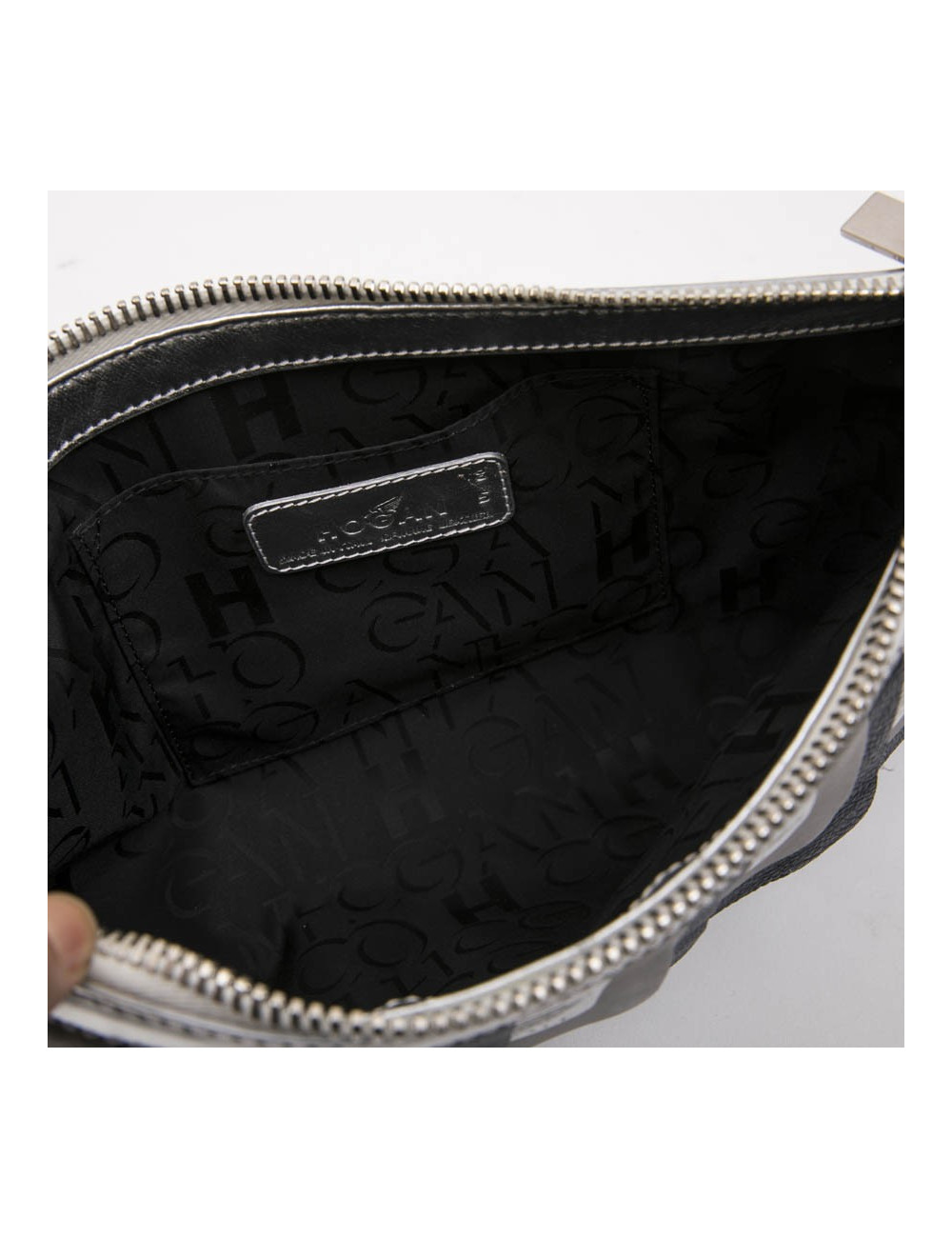 Hogan unisex clutch designed by Karl Lagerfeld in silver leather