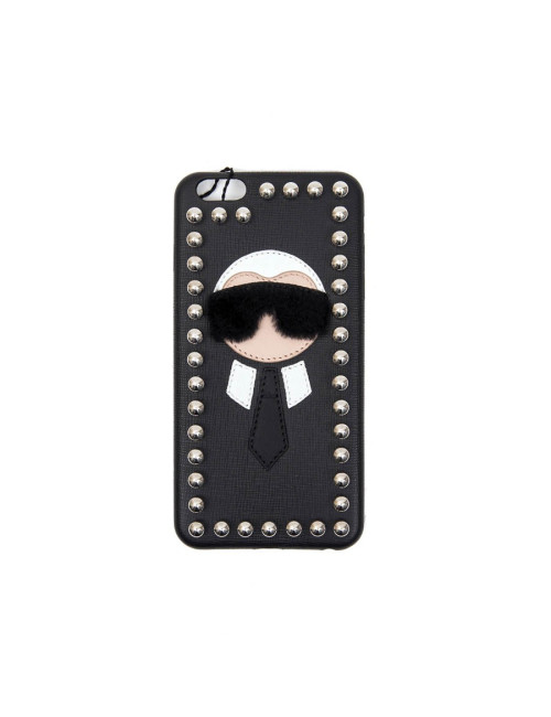 FENDI 'Karlito' phone case in black leather and silver studs