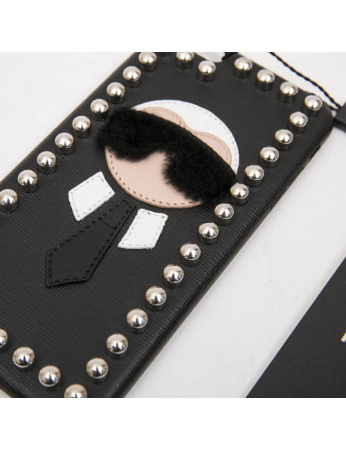 FENDI 'Karlito' phone case in black leather and silver studs