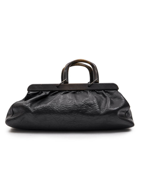 GUCCI vintage bag in a black cowhide leather and ribbed wood