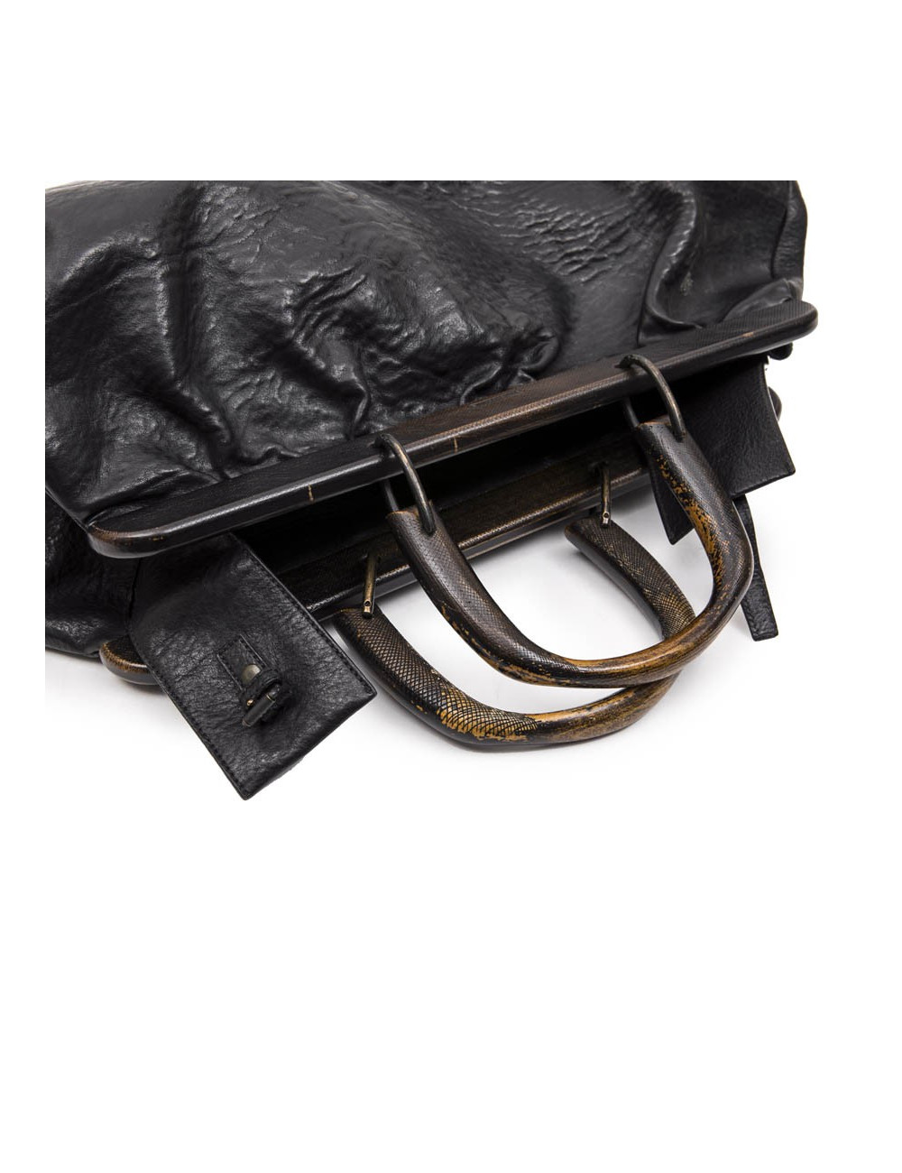 GUCCI vintage bag in a black cowhide leather and ribbed wood
