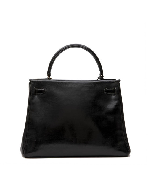 Sac Kelly 28 HERMES cuir box noir vintage 