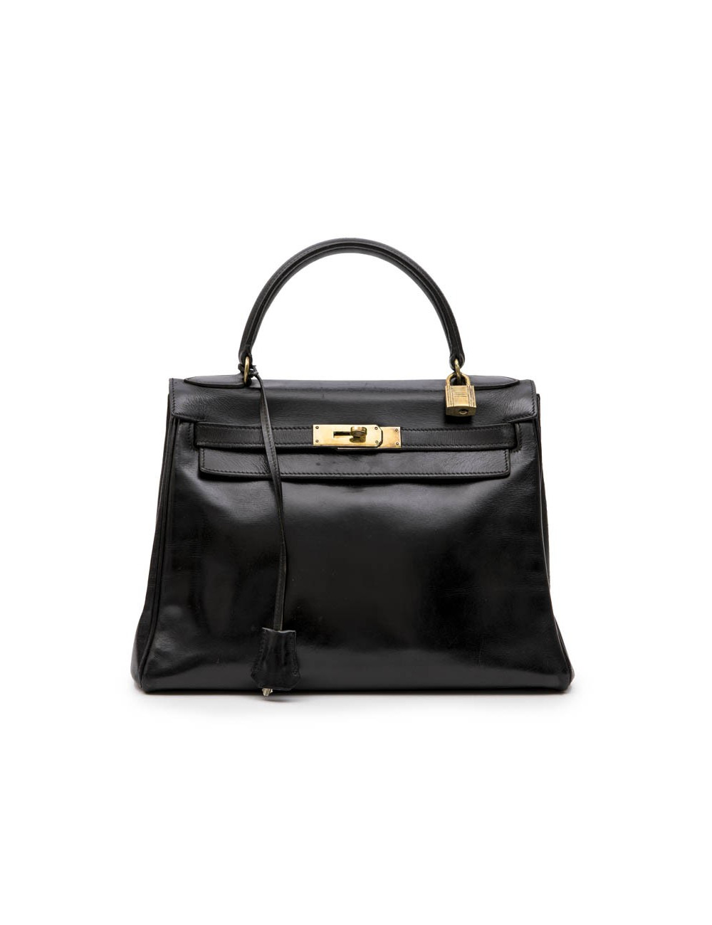 Sac Kelly 28 HERMES cuir box noir vintage 