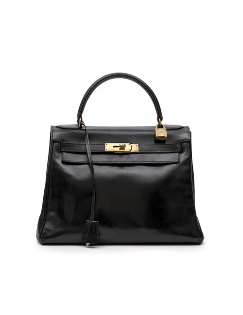 Sac Kelly 28 HERMES cuir box noir vintage 