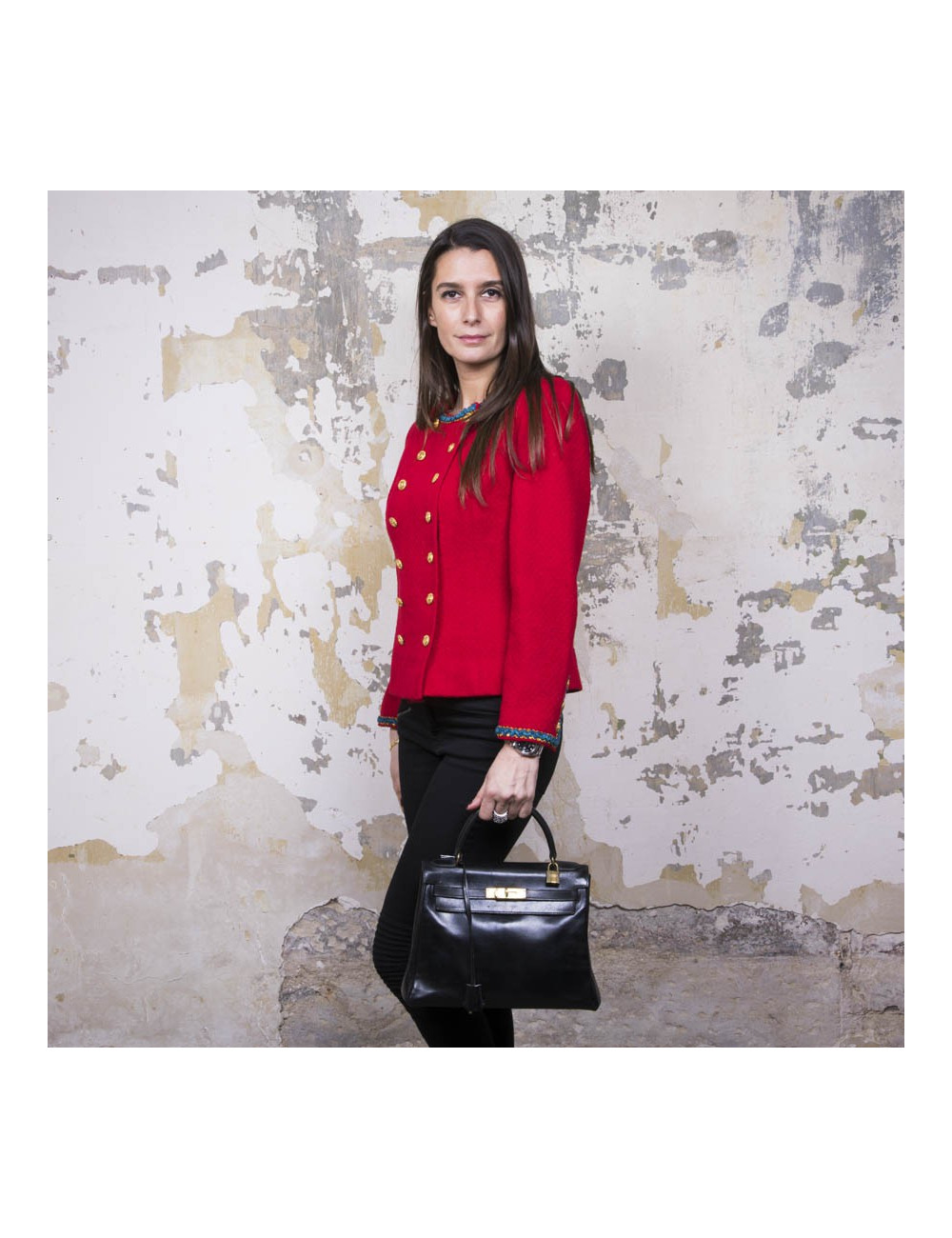 Sac Kelly 28 HERMES cuir box noir vintage 