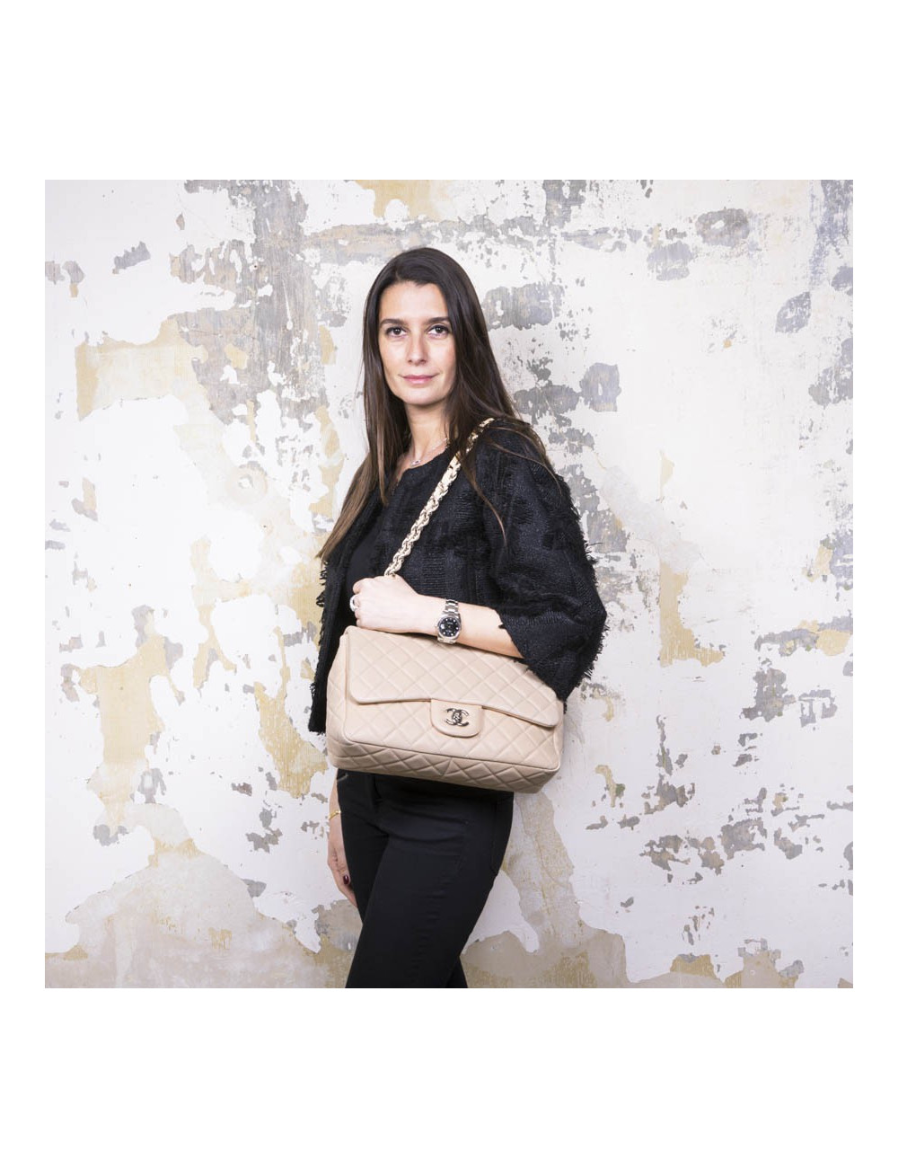 Sac Jumbo CHANEL cuir matelassé souple beige