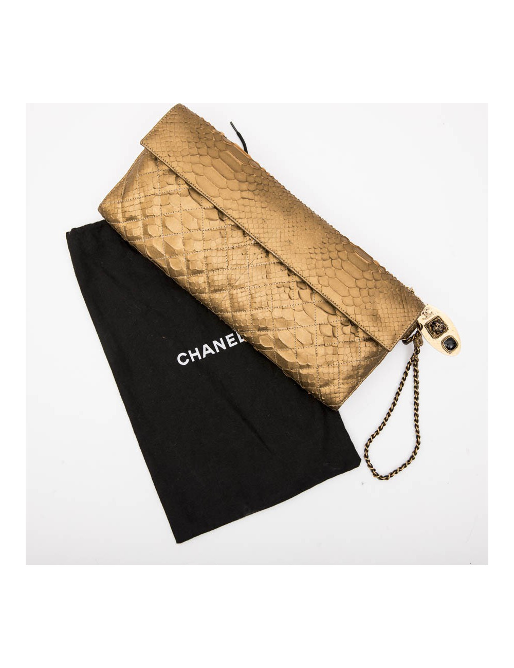 Long CHANEL pouch in matte copper gold python