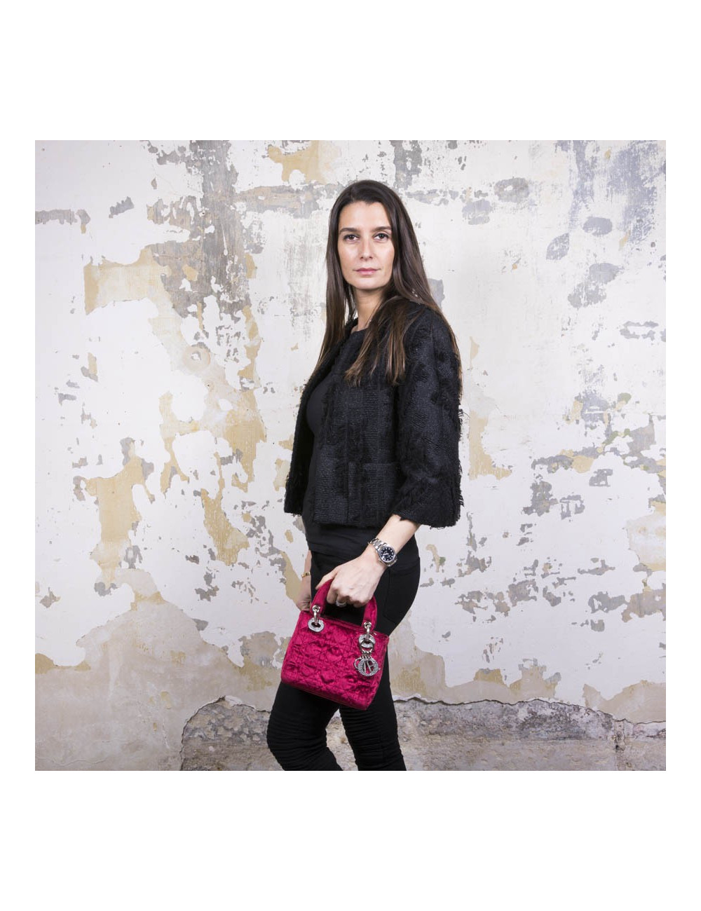 Mini sac Lady D CHRISTIAN DIOR en velours de soie rouge cardinal