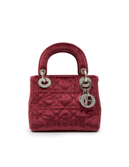 Mini sac Lady D CHRISTIAN DIOR en velours de soie rouge cardinal