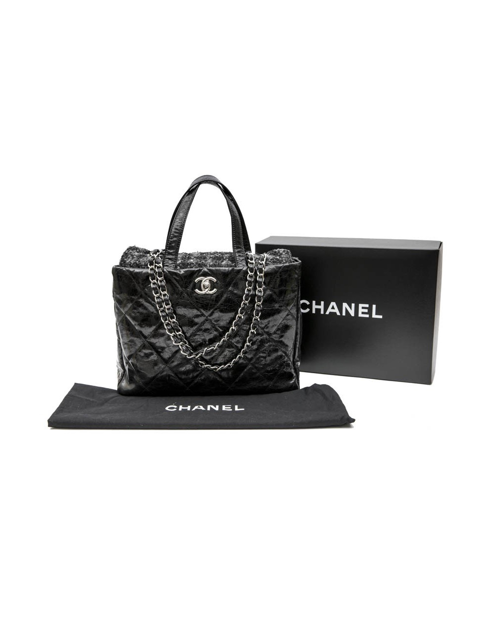 Sac CHANEL cuir vieilli noir et rabat en tweed gris