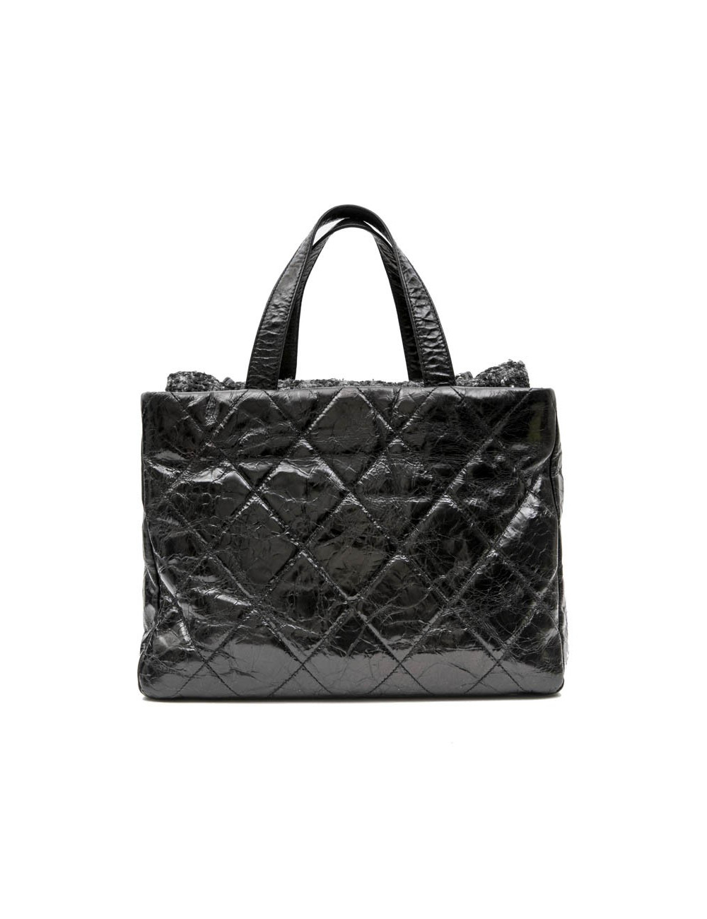 Sac CHANEL cuir vieilli noir et rabat en tweed gris