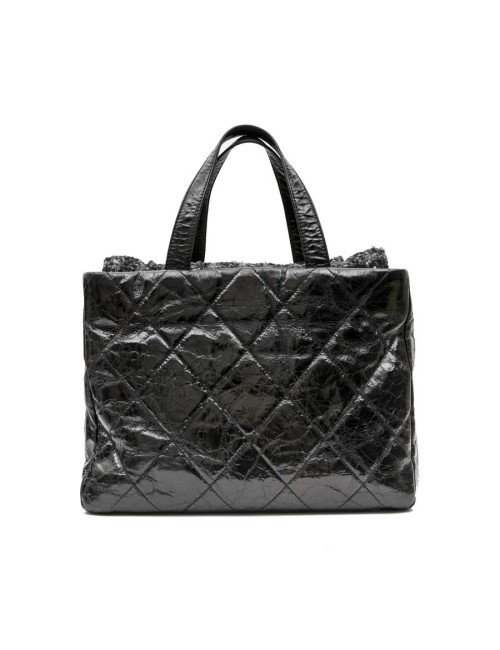 Sac CHANEL cuir vieilli noir et rabat en tweed gris