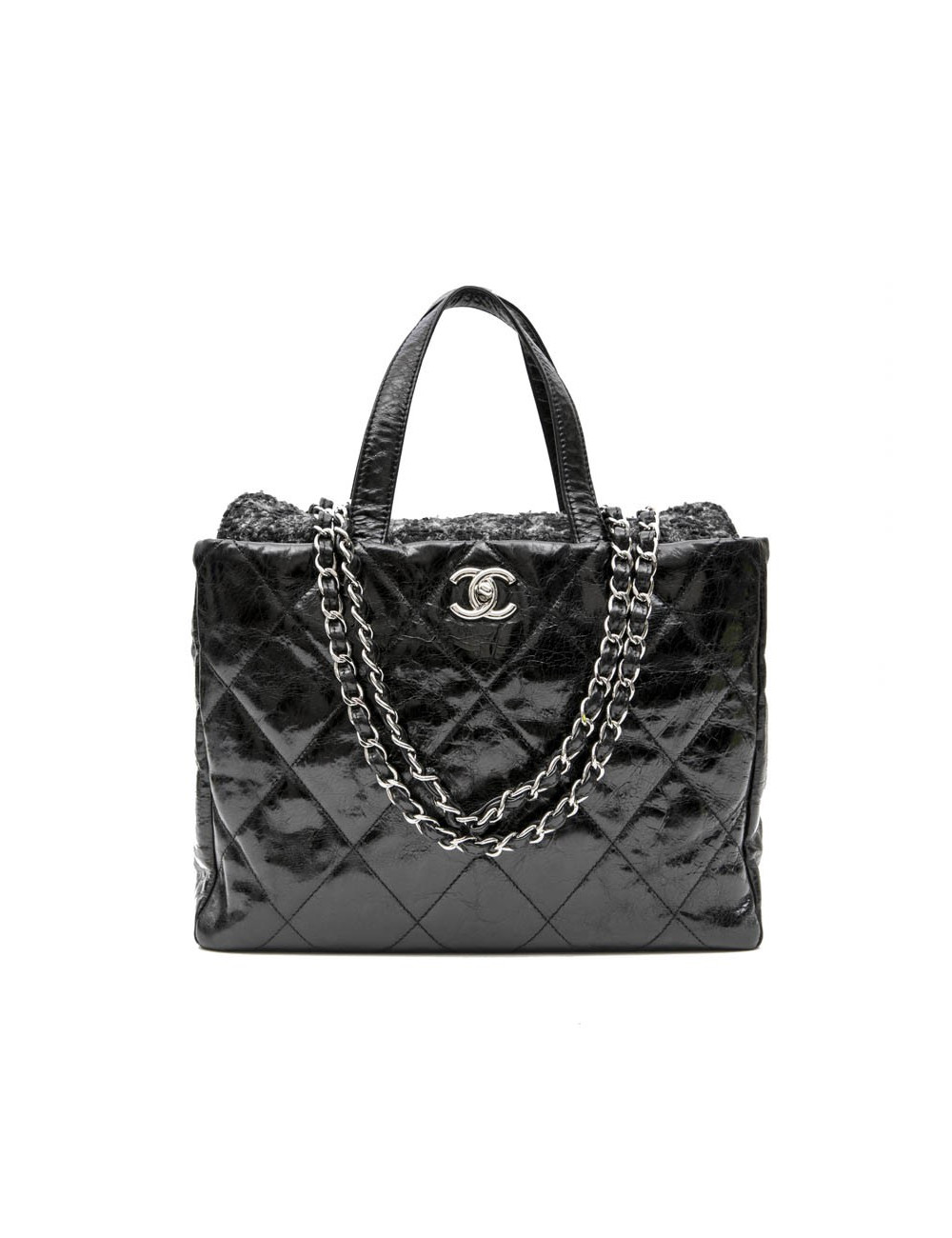 Sac CHANEL cuir vieilli noir et rabat en tweed gris