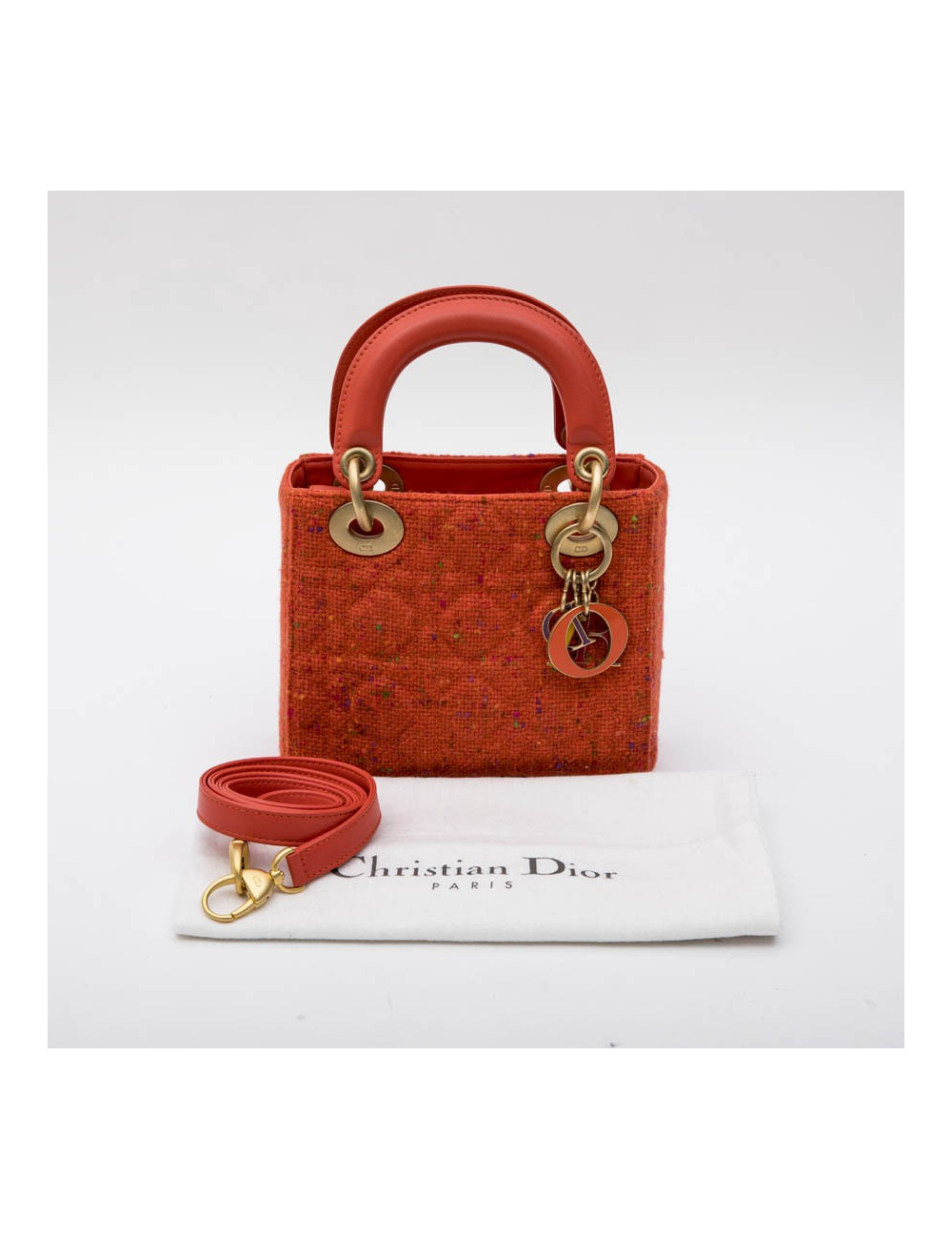 Mini sac Lady D  CHRISTIAN DIOR en tweed et cuir corail