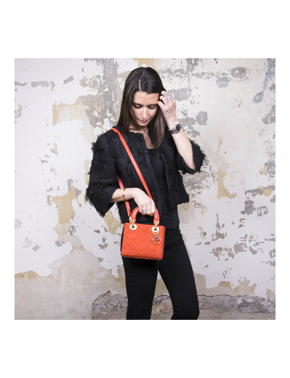 CHRISTIAN DIOR 'Lady Dior' Mini Bag in Coral Tweed and leather