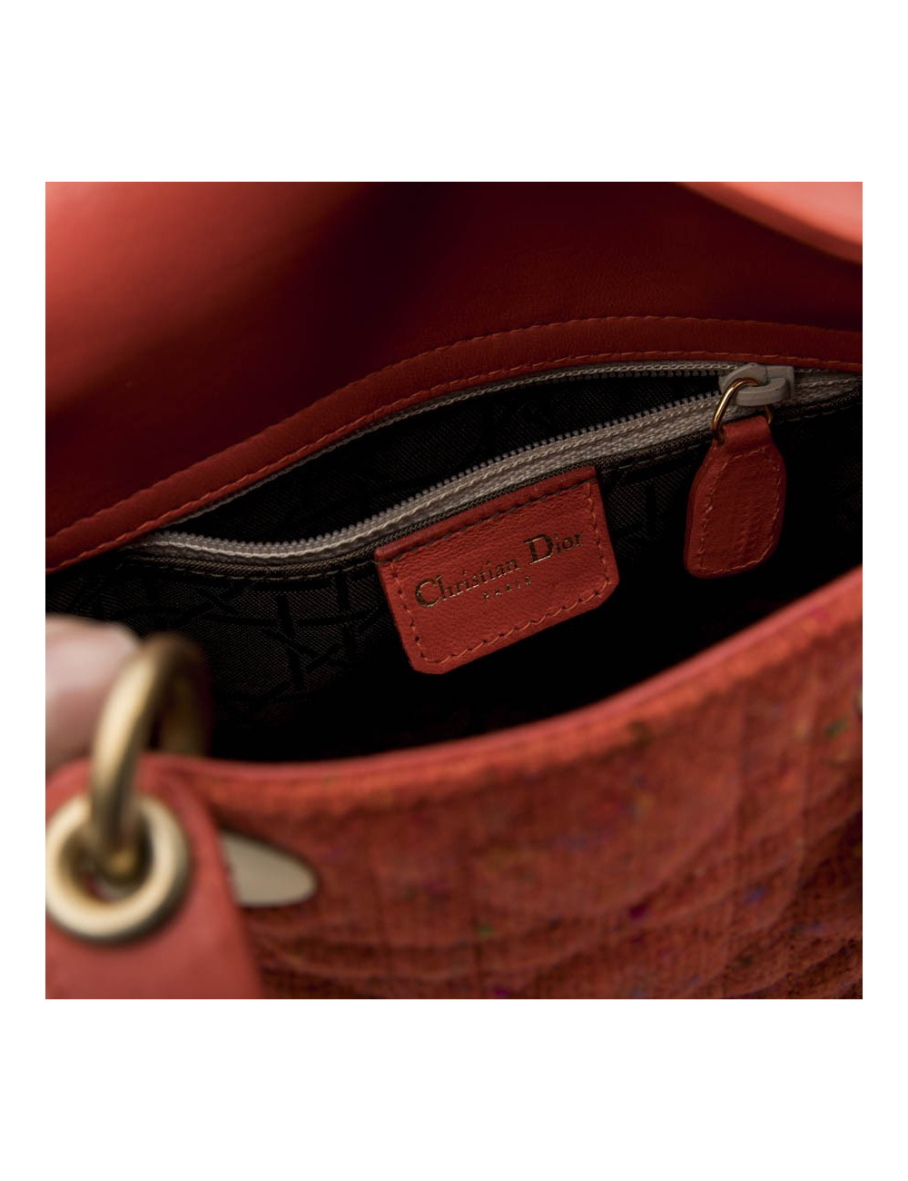 Mini sac Lady D  CHRISTIAN DIOR en tweed et cuir corail