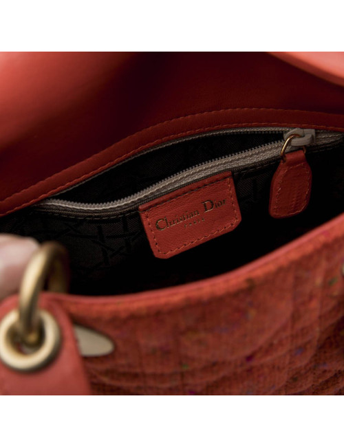 Mini sac Lady D  CHRISTIAN DIOR en tweed et cuir corail