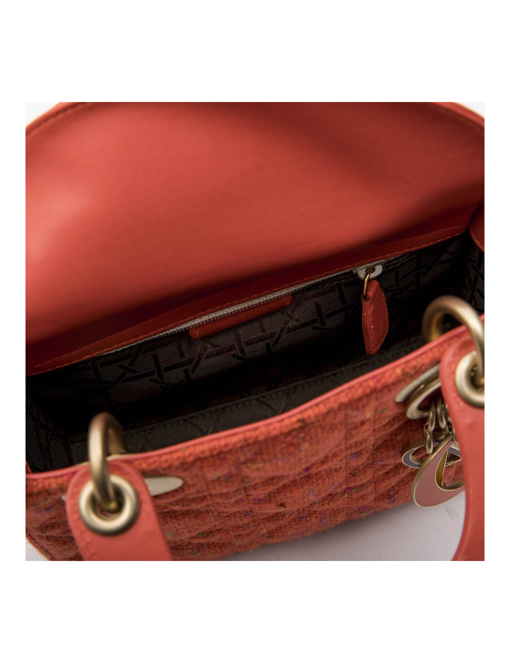 Mini sac Lady D  CHRISTIAN DIOR en tweed et cuir corail