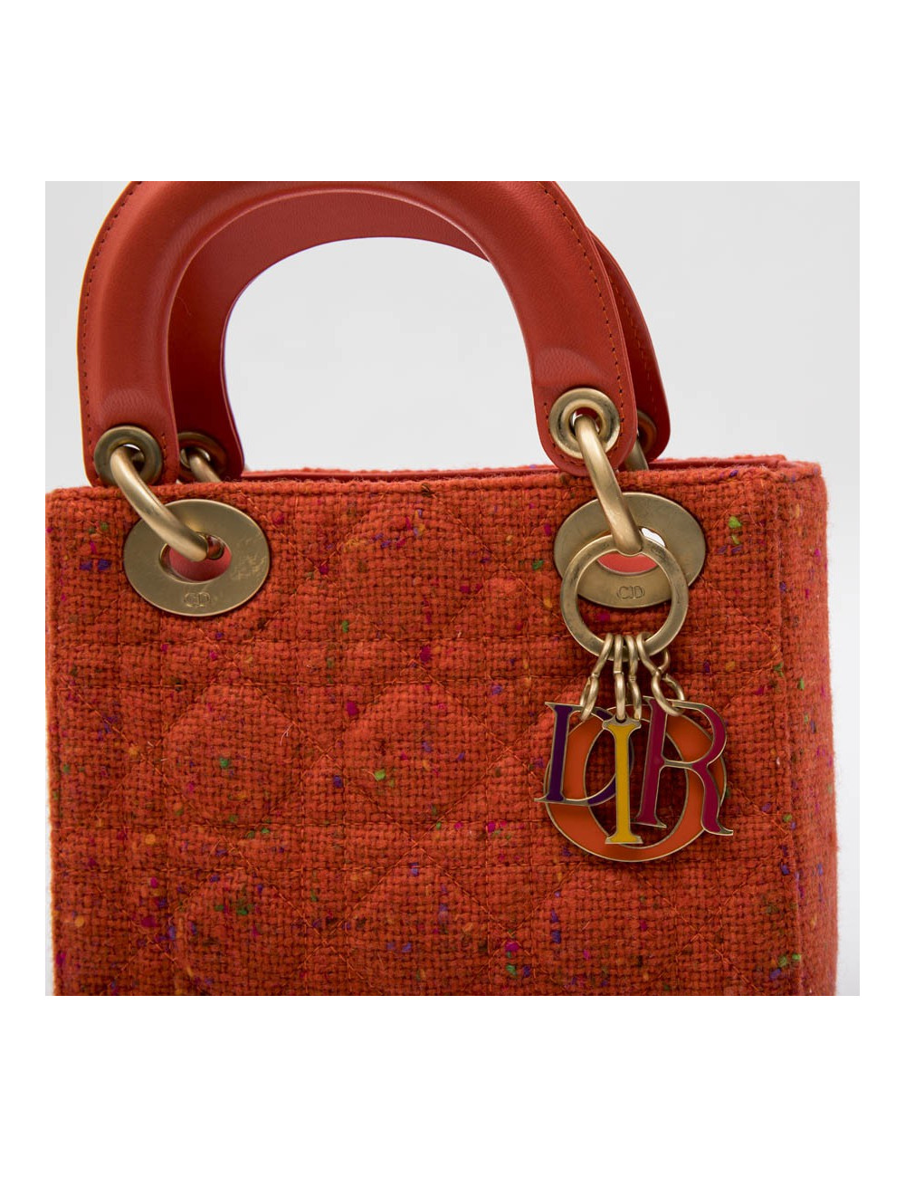 Mini sac Lady D  CHRISTIAN DIOR en tweed et cuir corail