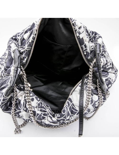 CHANEL tote bag in black, light gray and white silk scarf and black smooth lamb leather