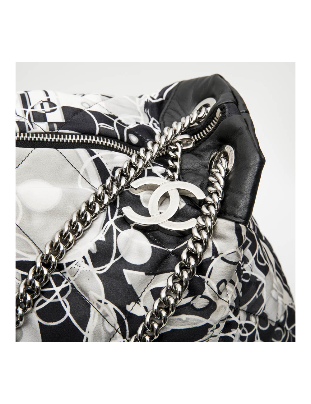 CHANEL tote bag in black, light gray and white silk scarf and black smooth lamb leather