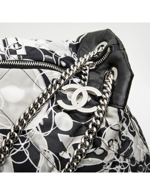 CHANEL tote bag in black, light gray and white silk scarf and black smooth lamb leather