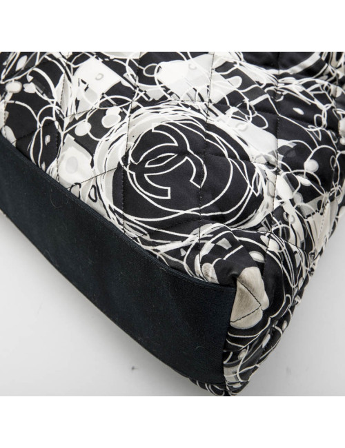 CHANEL tote bag in black, light gray and white silk scarf and black smooth lamb leather