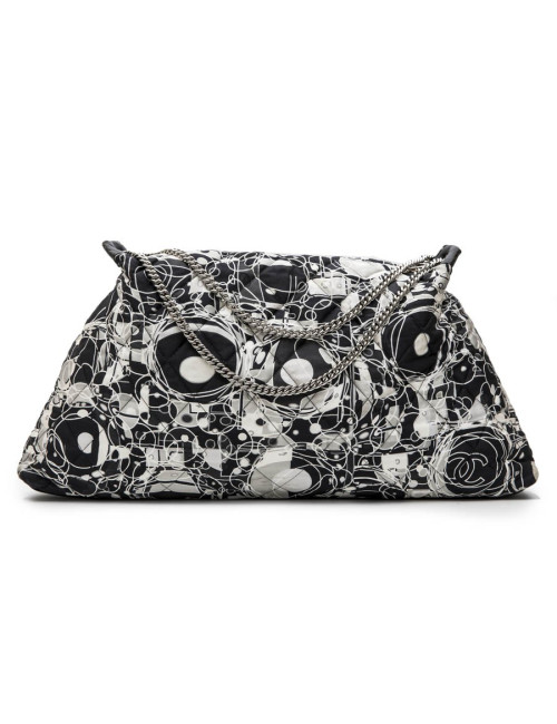 CHANEL tote bag in black, light gray and white silk scarf and black smooth lamb leather