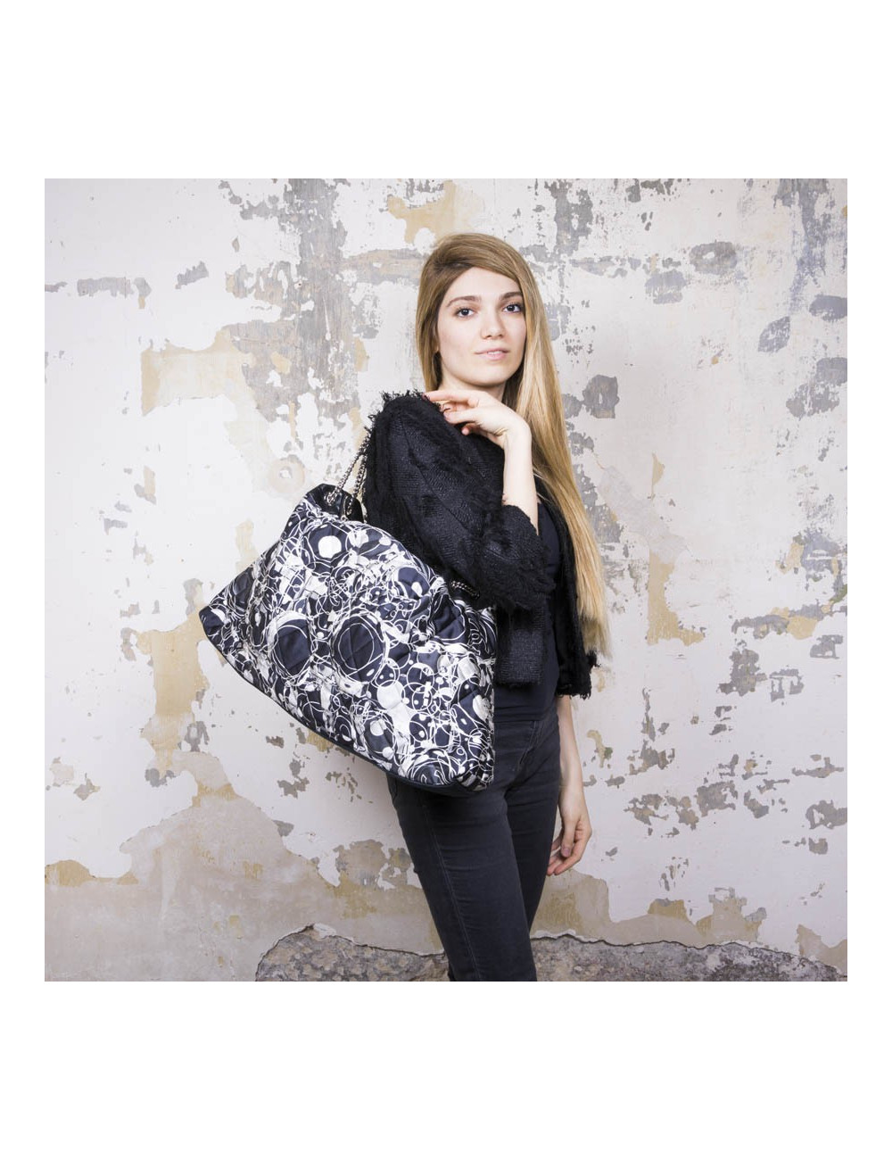 CHANEL tote bag in black, light gray and white silk scarf and black smooth lamb leather