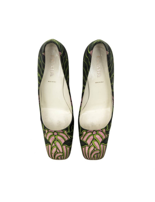 PRADA Pumps with Green and Pink Prints and Square Toe Size 38.5FR