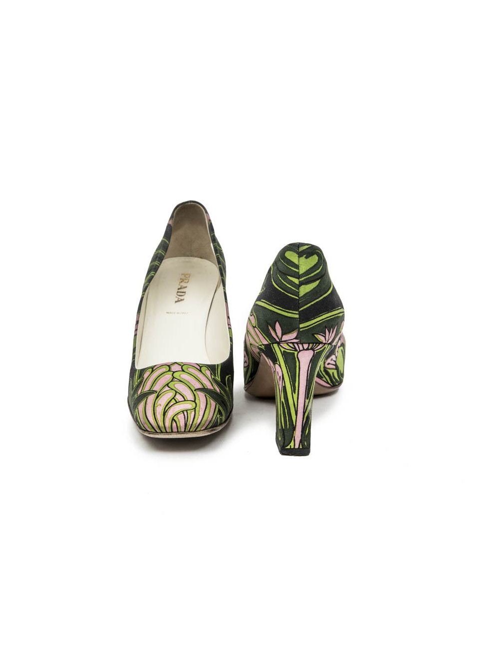 PRADA Pumps with Green and Pink Prints and Square Toe Size 38.5FR