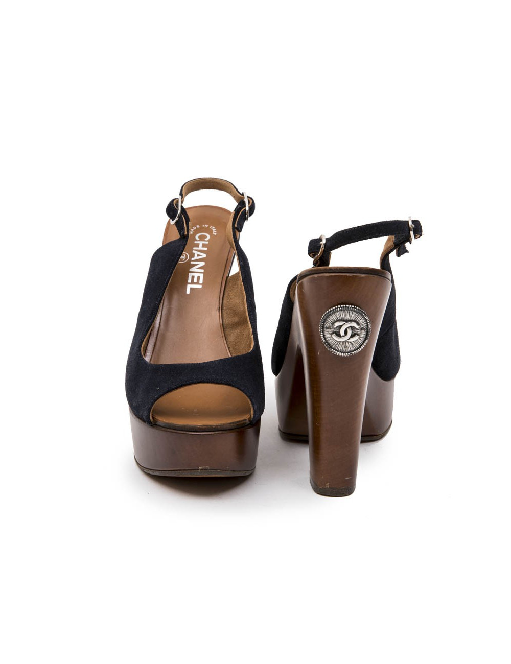 Chanel clogs mules in wood and navy velvet calfskin Size 39.5