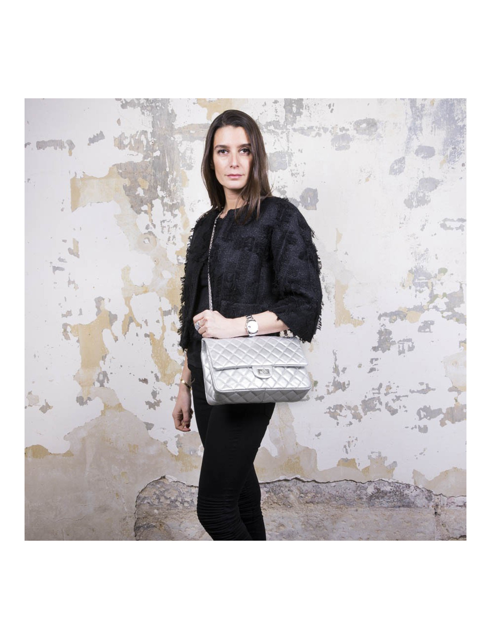 Sac timeless CHANEL cuir argent 