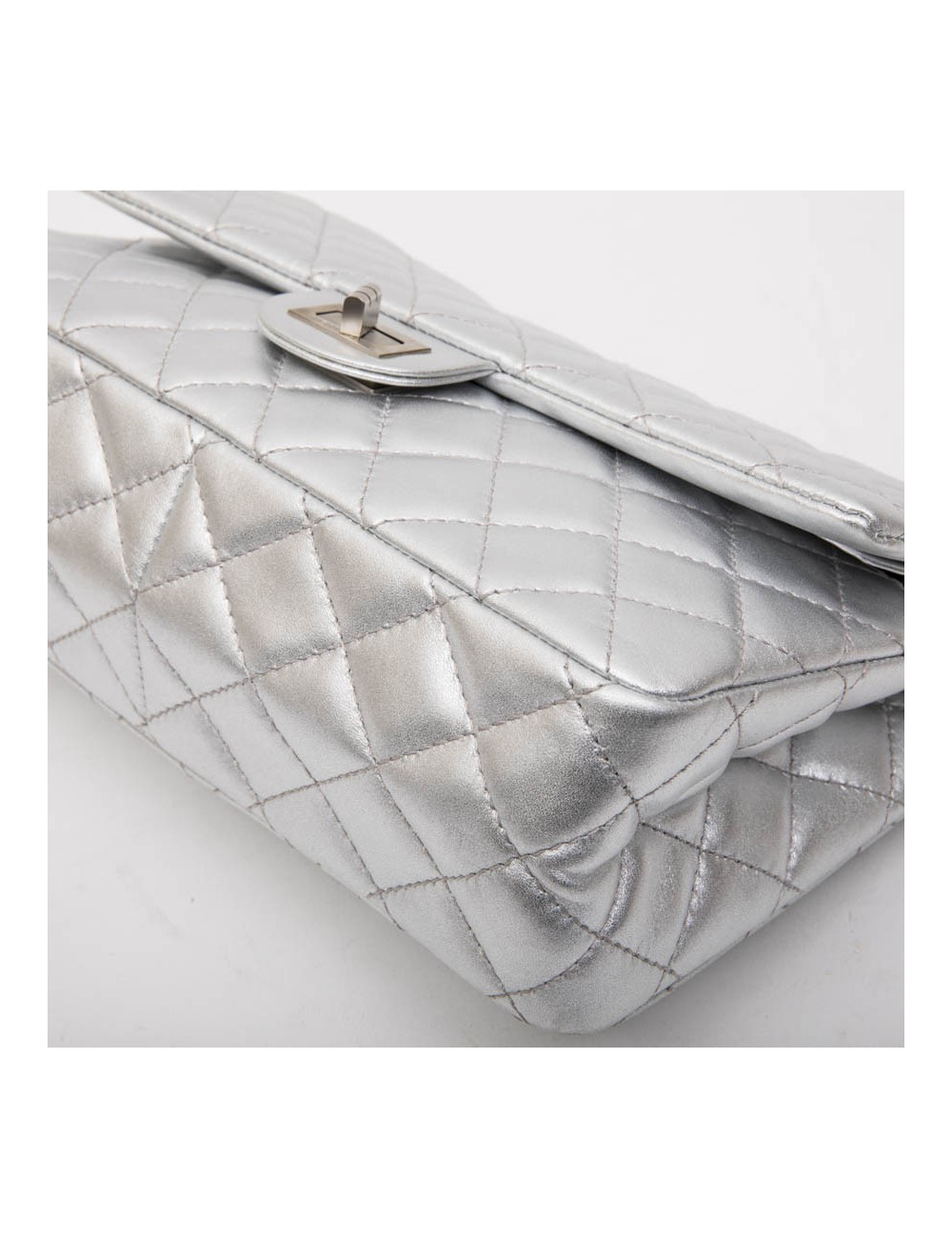 CHANEL 'Timeless' Double Flap Bag in Silver Quilted Leather