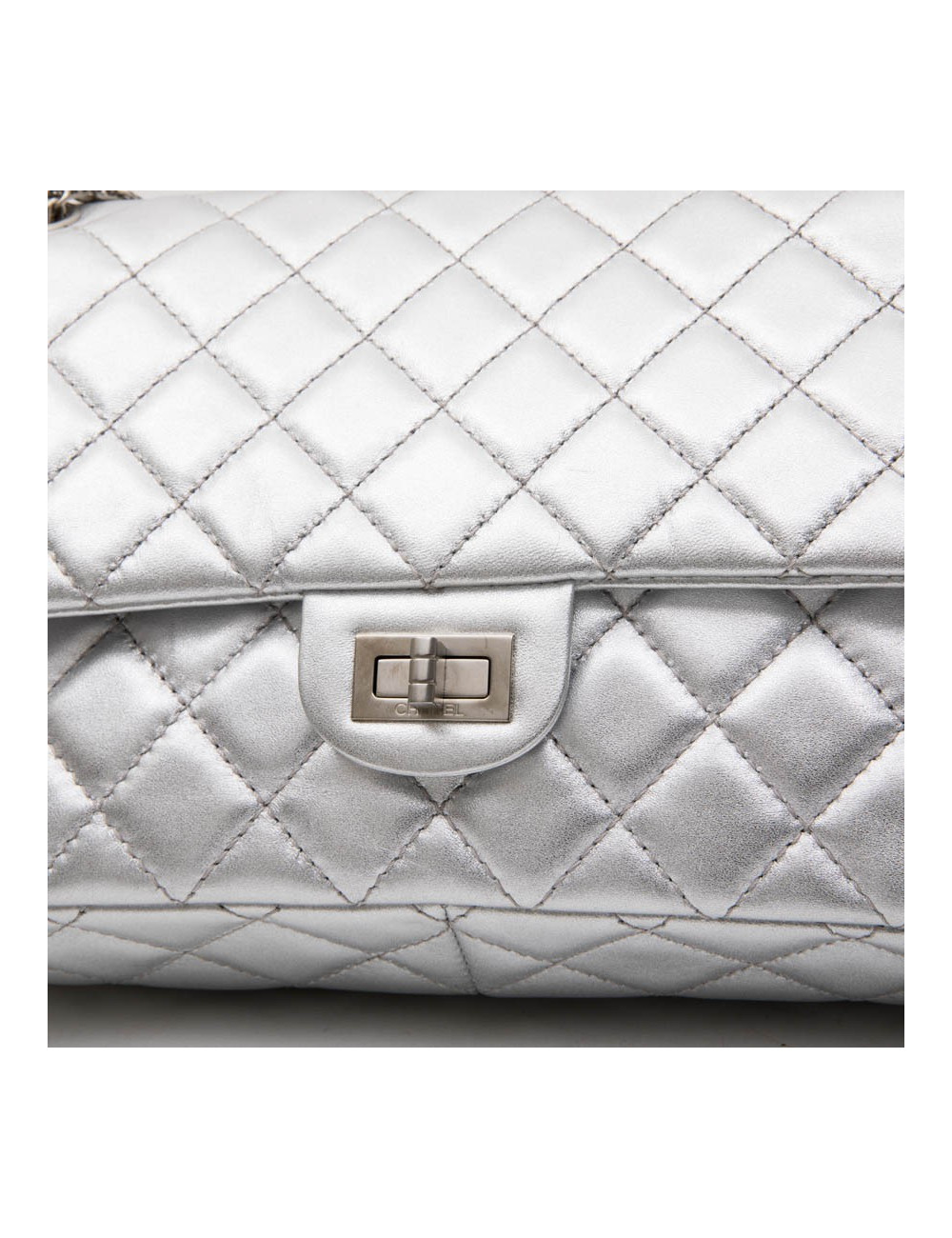 CHANEL 'Timeless' Double Flap Bag in Silver Quilted Leather