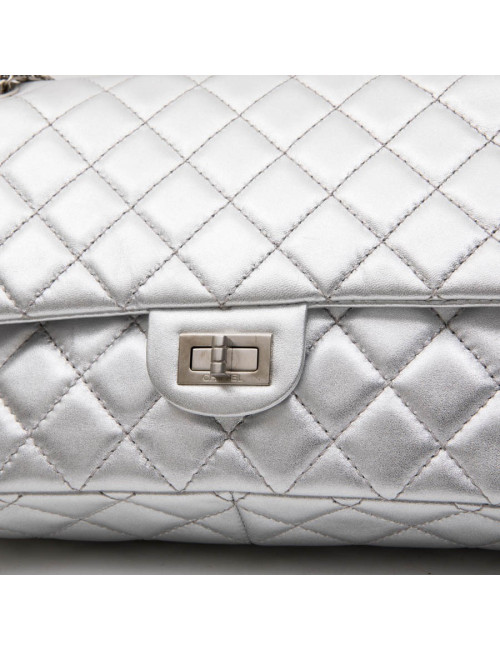 CHANEL 'Timeless' Double Flap Bag in Silver Quilted Leather
