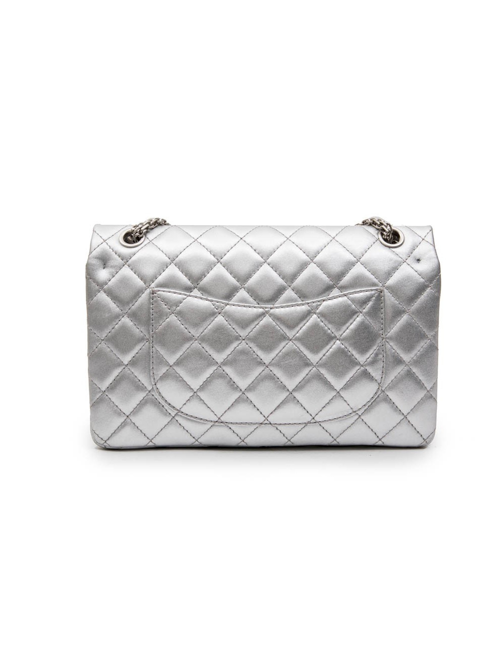 CHANEL 'Timeless' Double Flap Bag in Silver Quilted Leather